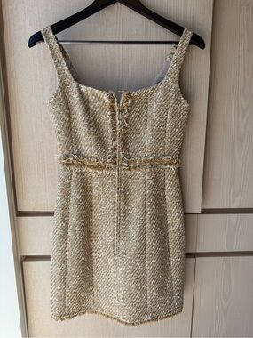 ME+EM Gold Tweed Mini Dress with Fringe Trim